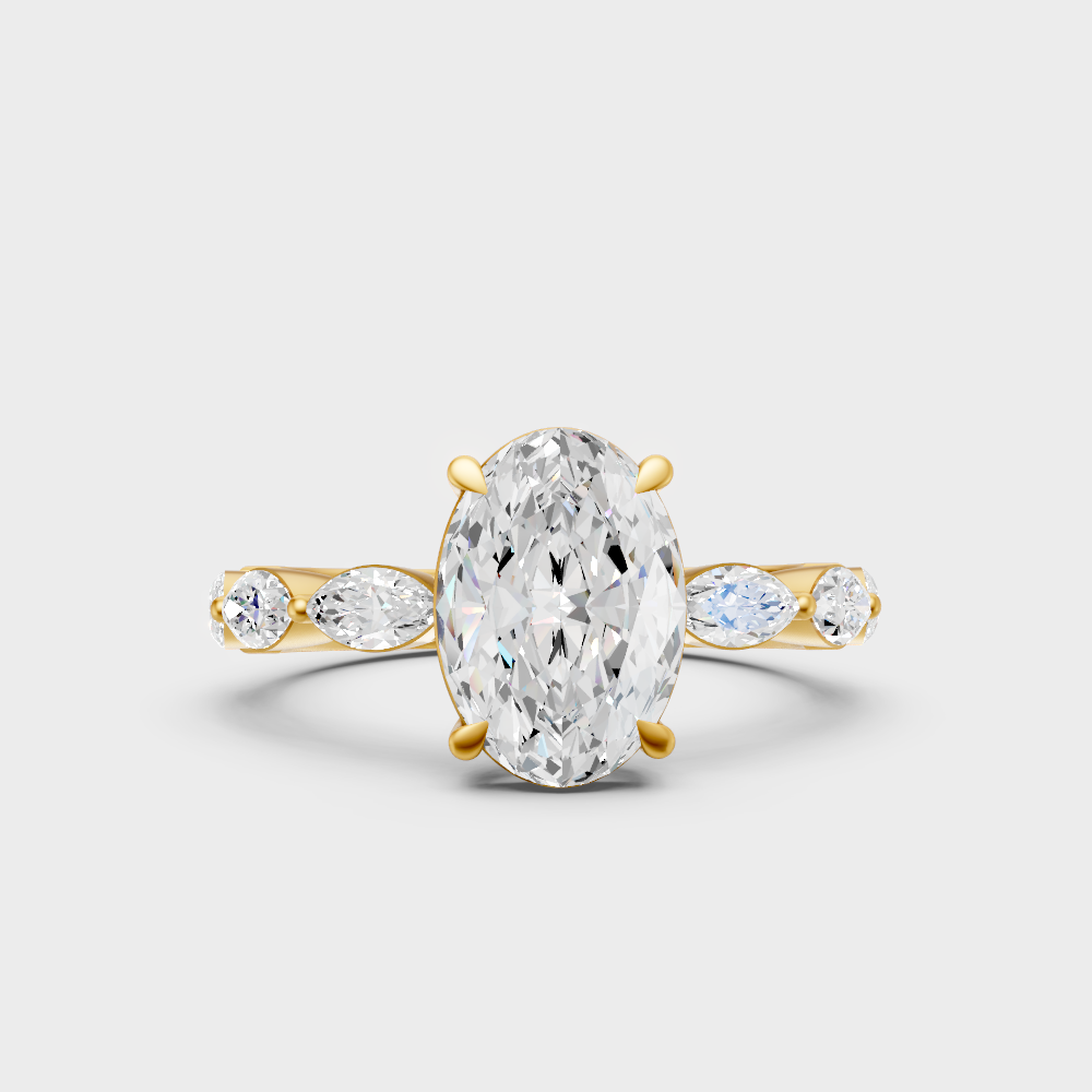 Classic 14K Yellow Gold Engagement Ring Featuring Oval Diamond With Marquise Accents
